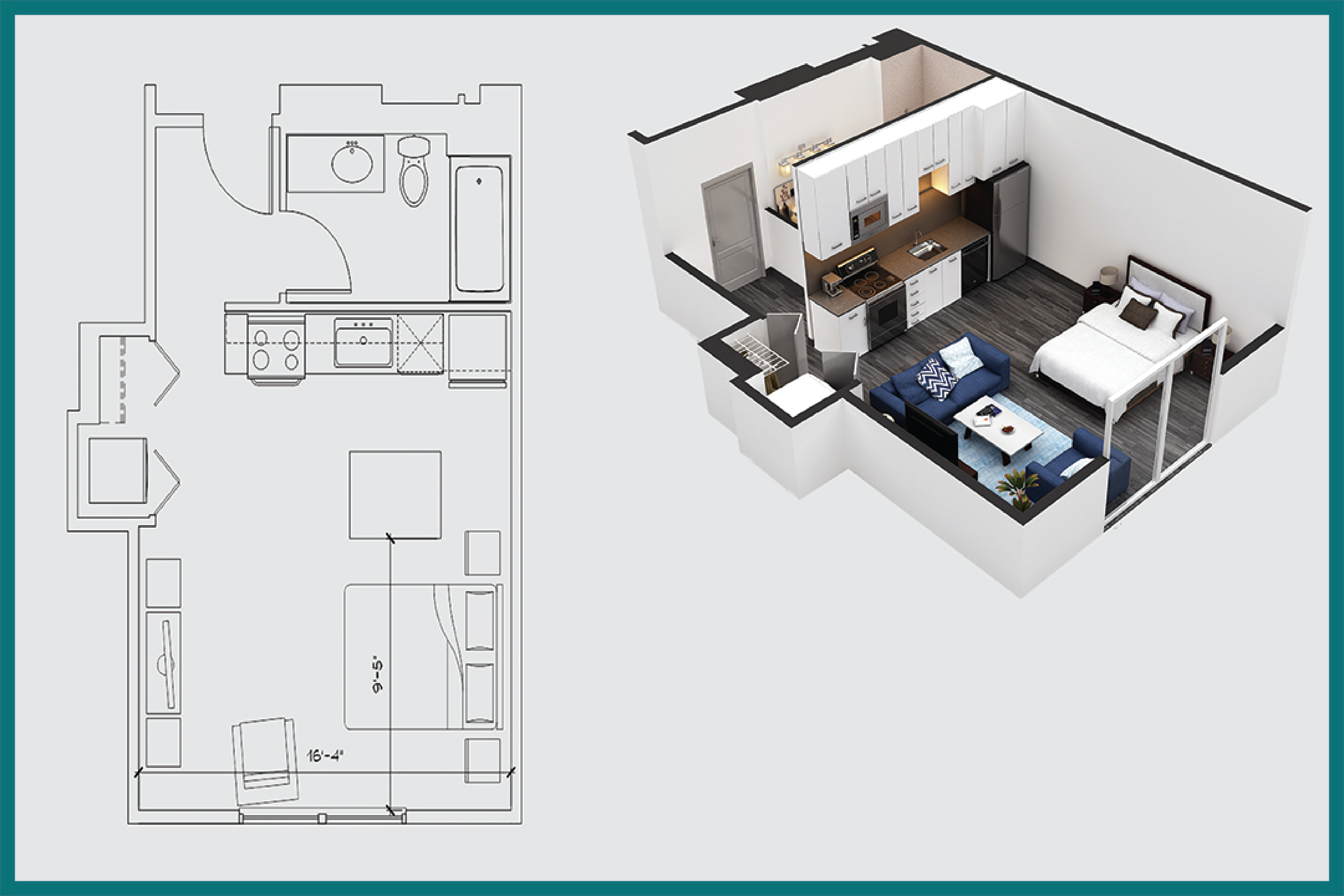 Floor plan for studio, 1 bath, 417 sqft